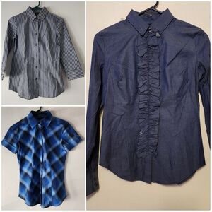 NEW YORK & CO Blue Button Down Blouse Short Three Quarter Long Sleeve Size XS